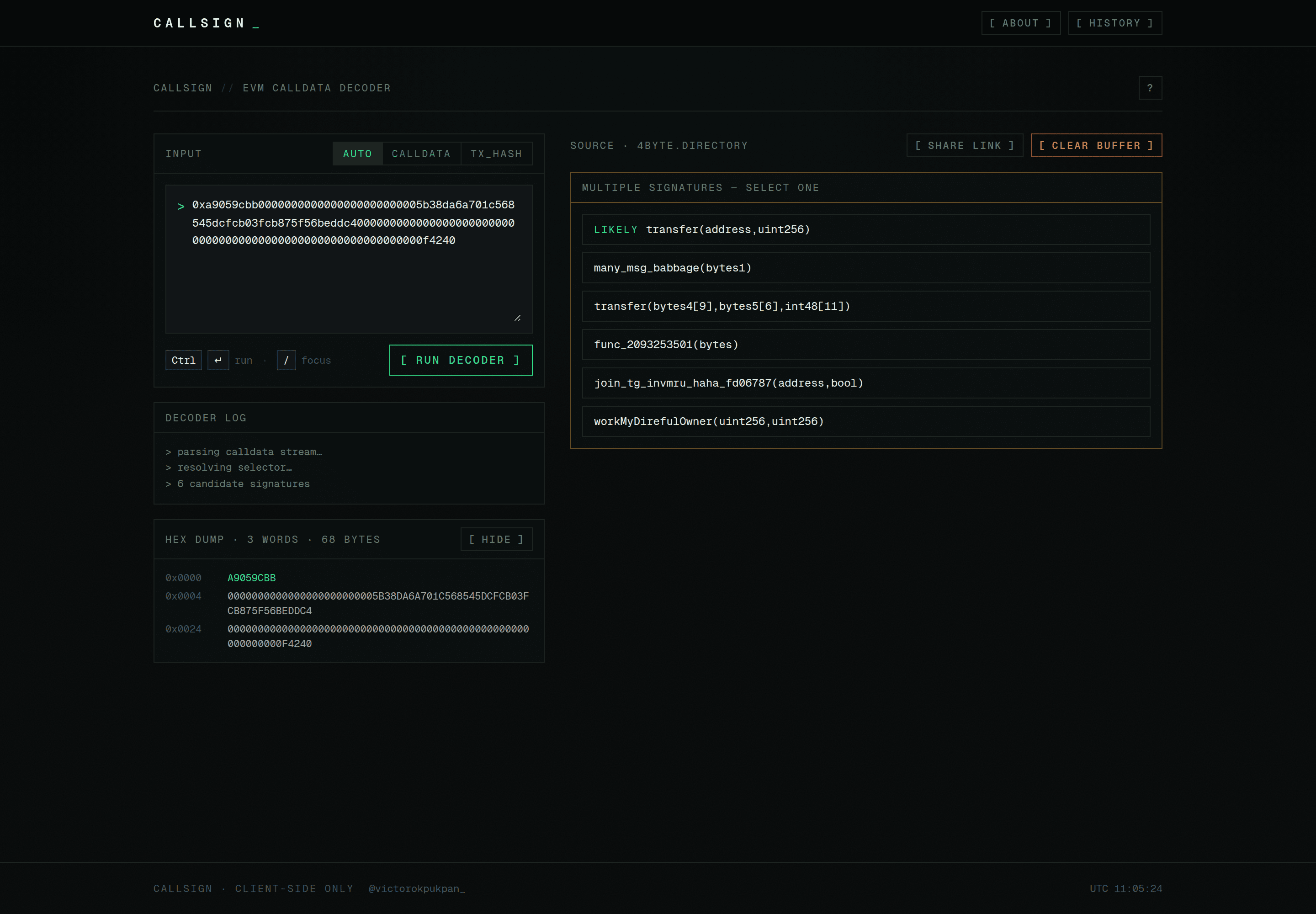 The candidate picker — six signatures for one selector, transfer() flagged LIKELY
